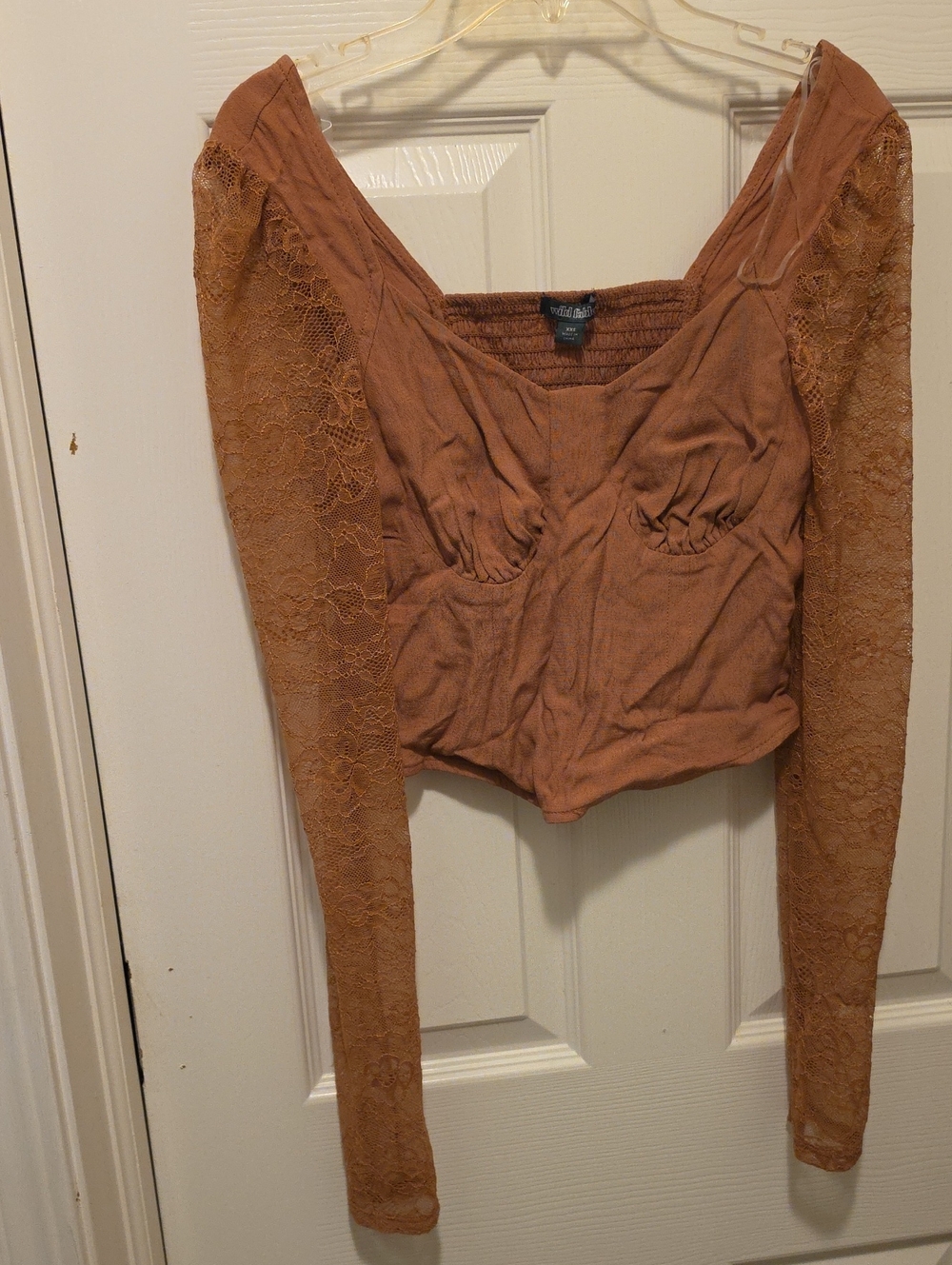 wild fable Lace Sleeve Ruched Bust Crop Top - Brown